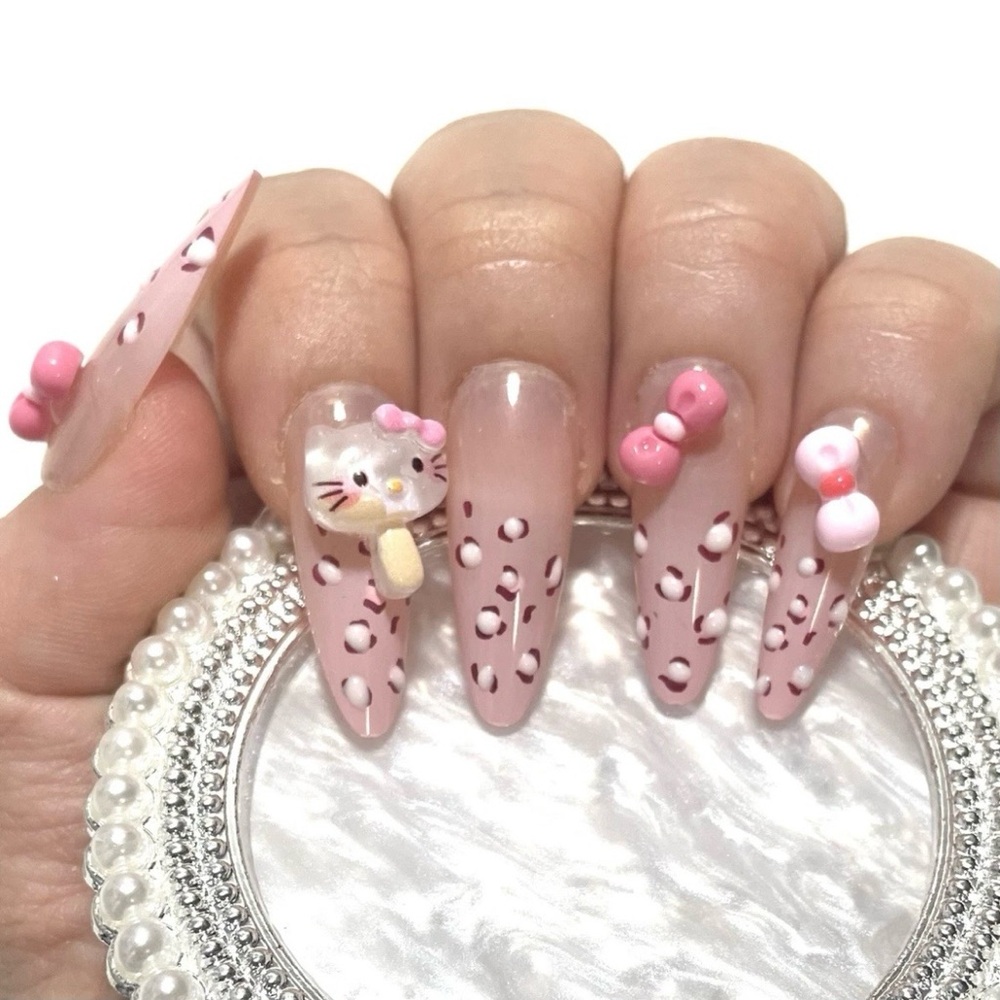 Cute Pink 3D Hello Kitty Long Almond Press On Nails Set